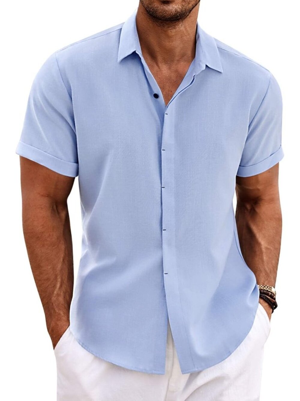 Men's  Clear Blue Classic Beach Linen Short Sleeve Casual Imported Shirt
